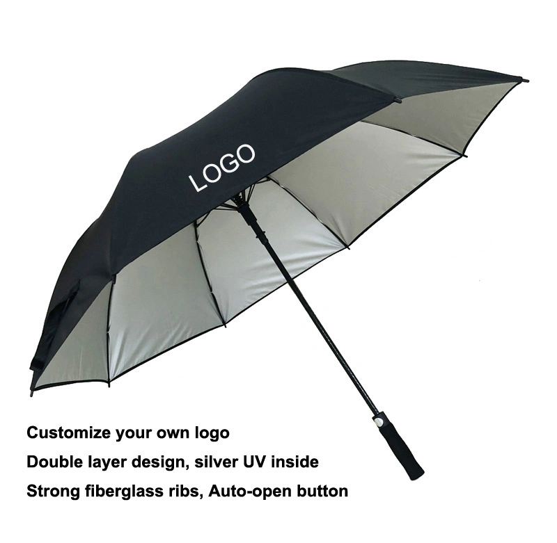 Wholesale 30inch Big Size Silver Upf 50+ UV Protection Rain Pongee Fiberglass Auto Double Layer Windproof Sun Golf Umbrella Price Custom Logo