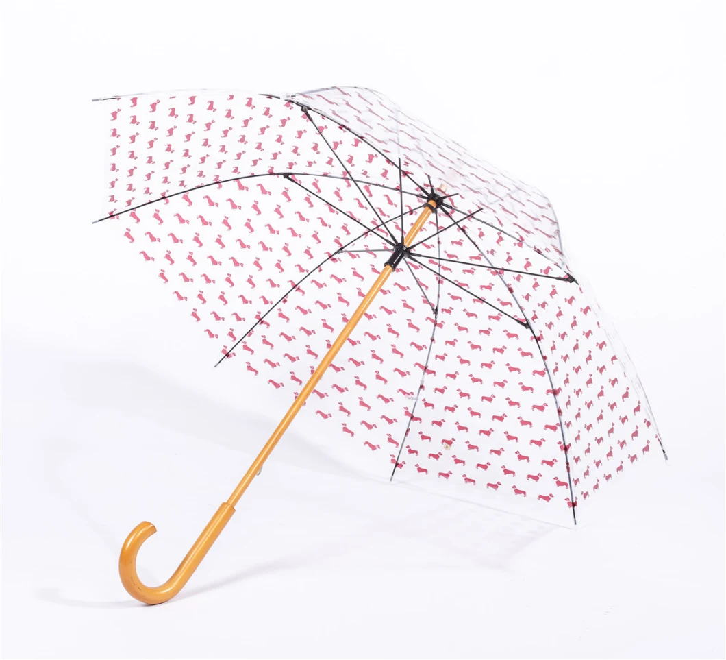 Waterproof Promotion Gift Wooden PVC Poe Transparent Umbrellas Manual Open Wooden Shaft Handle Red Dog Printing Clear Fashion Umbrella for for Rain